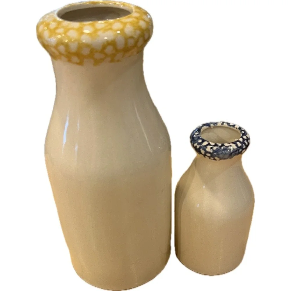 Hand Painted Ceramic Milk Bottle Vase Set Sunflower Pansy Farmhouse Decor